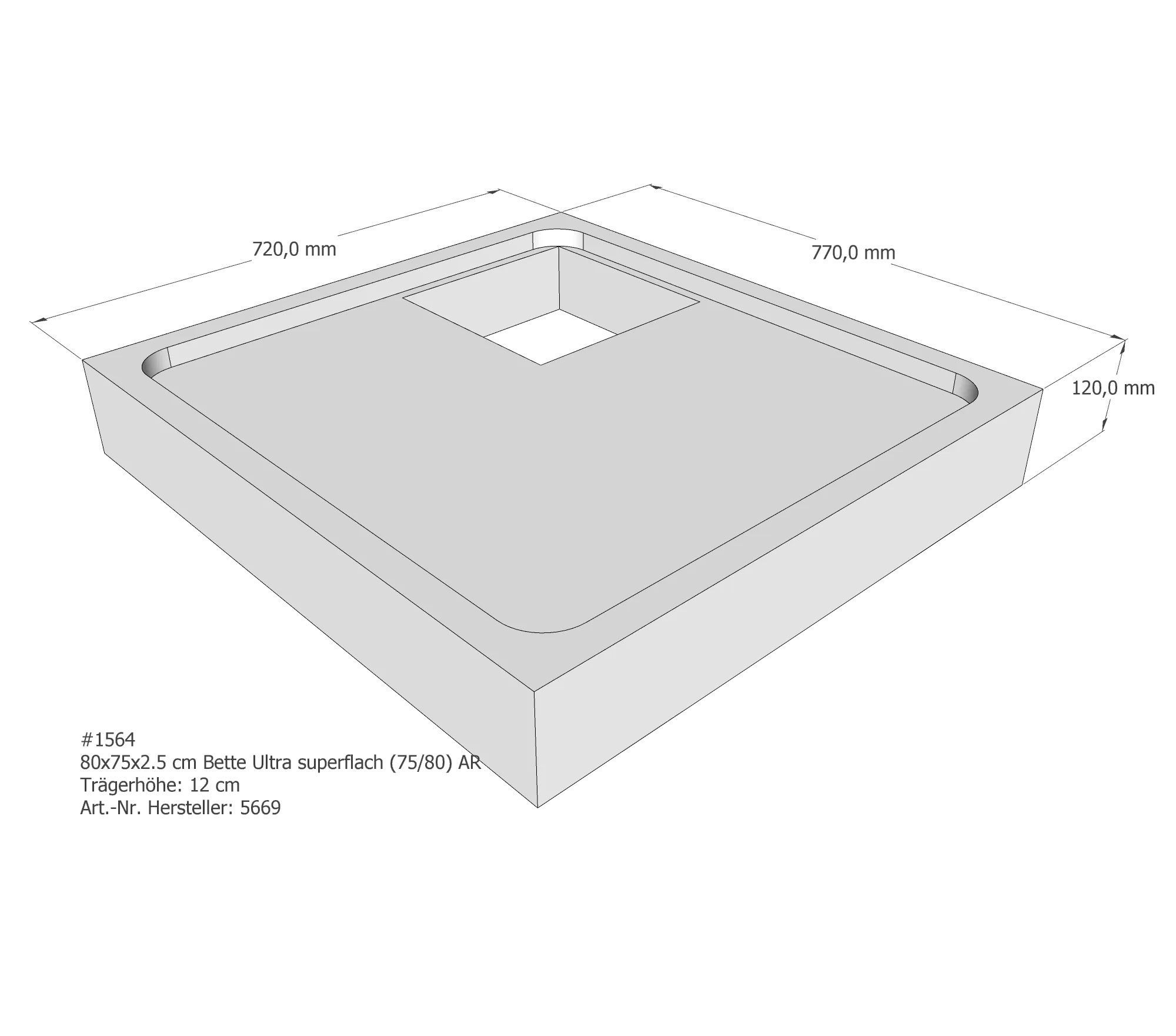 Duschwannenträger für Bette Ultra (superflach) 80 × 75 × 2,5 cm Breite: 75 cm / Länge: 80 cm