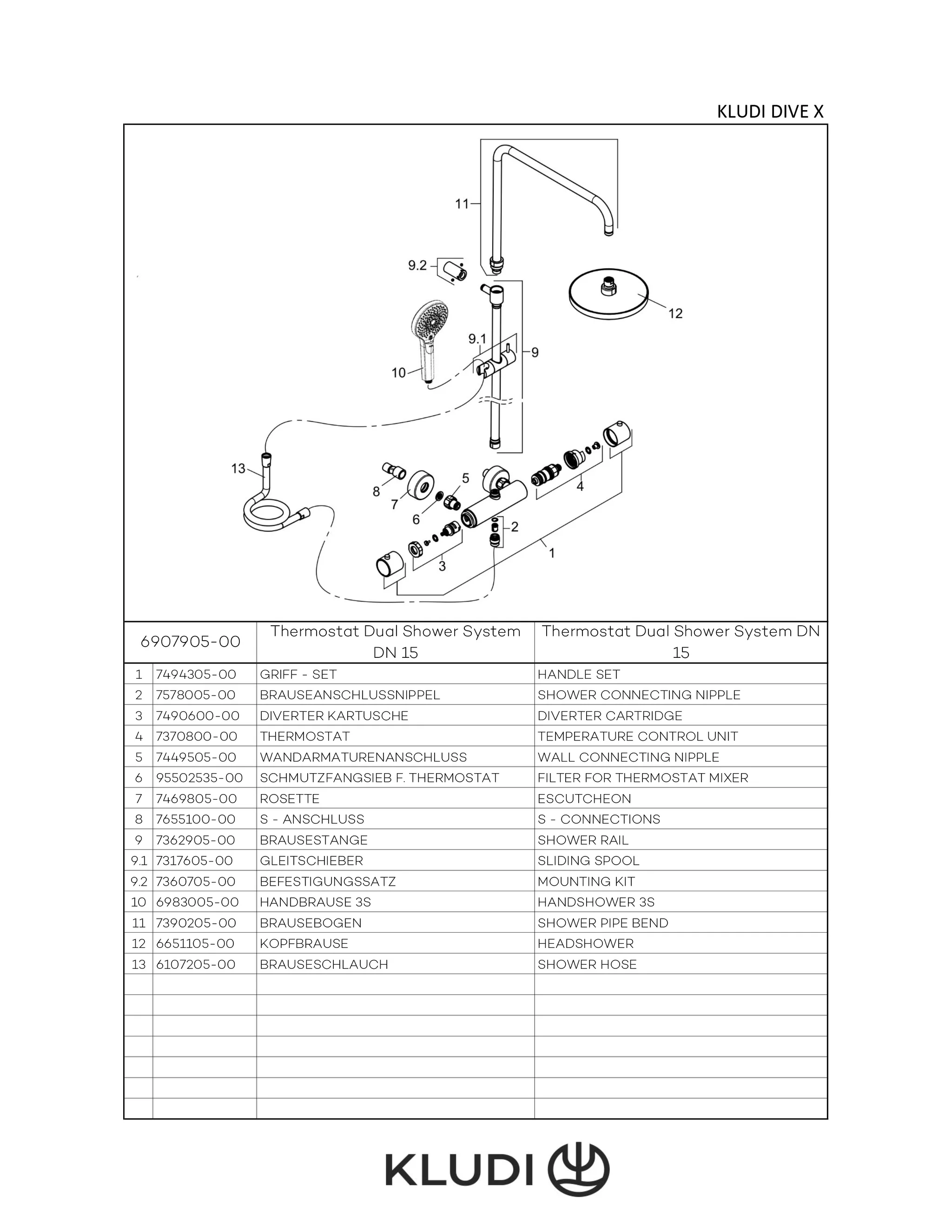 Kludi-DIVE Dive X 3S Thermostat Dual Shower System chrom, DN 15, Wandmontage mit Keramik-Absperrventil, höhenverstellbare Handbrausehalterung, 3 Strahlarten Body/Hair/Skin