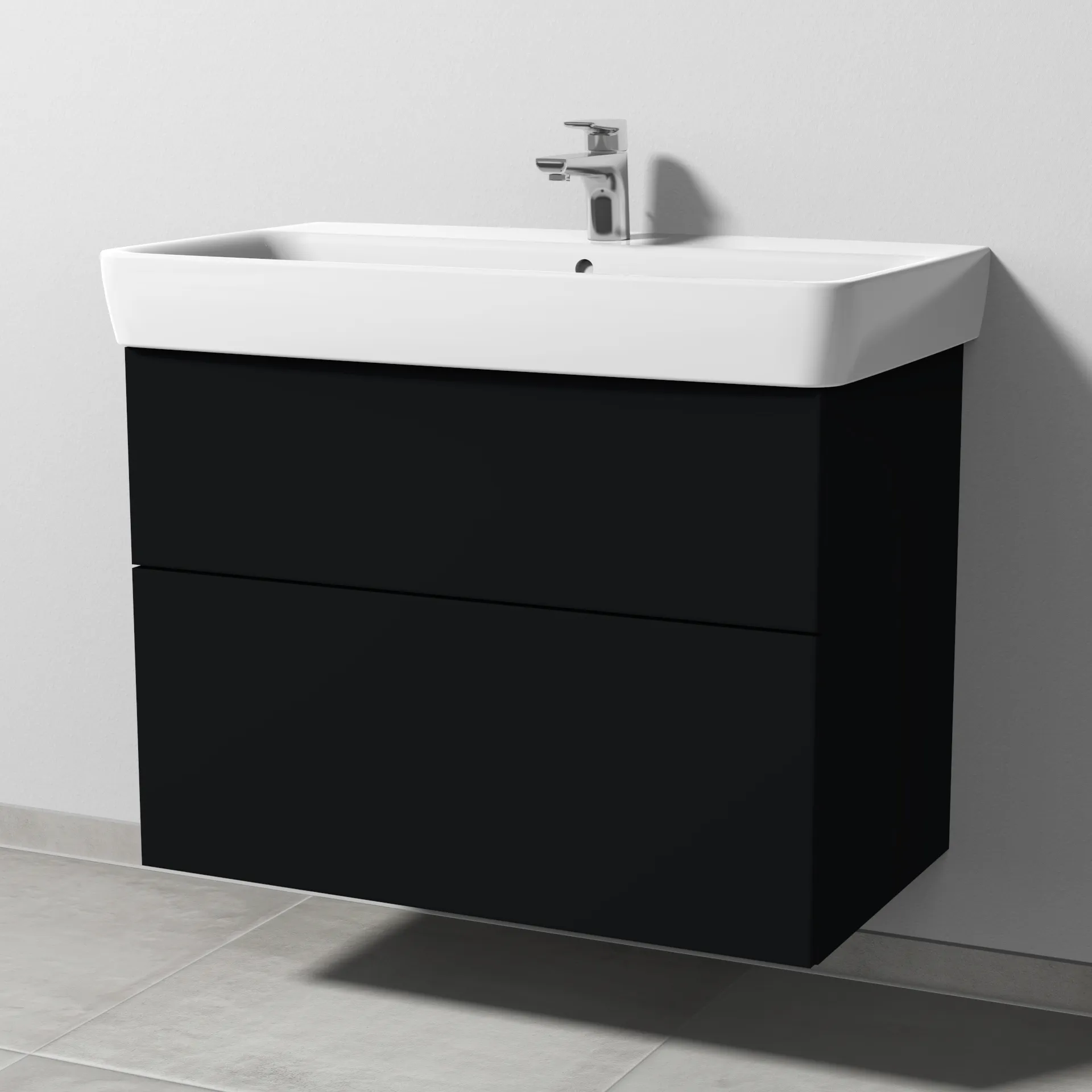 Sanipa Waschtischunterschrank „3way“ passend zu Keramik-Waschtische Renova Plan von Geberit 790 × 588 × 407 mm in Schwarz (matt), Becken mittig