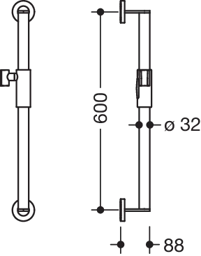 Brausehalterstange, Edelstahl, schliff, Achsmaß 600 mm, D: 32 mm, mit magnetischem Brausehalter