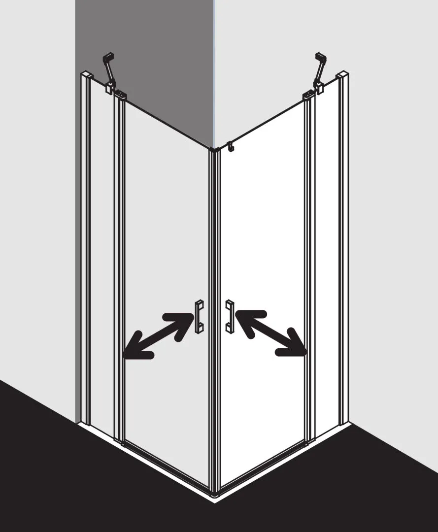 Kermi Duschtür Eckeinstieg 2-teilig (Pendeltüren mit Festfeldern) Halbteil rechts „LIGA“ 185 cm Glas Klar, Profile Silber Mattglanz, Drehtür zweiteilig