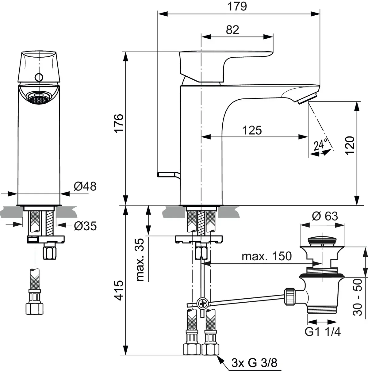 Waschtischarmatur Connect Air, Niederdruck, Grande, 5l/min, mit Ablaufgarnitur, Ausladung 125mm, Brushed Gold