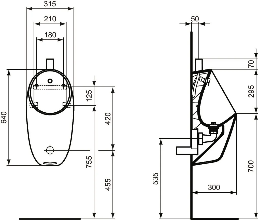 Urinal „i.lifeA“, Befestigung sichtbar 31,5 × 64 × 30 cm