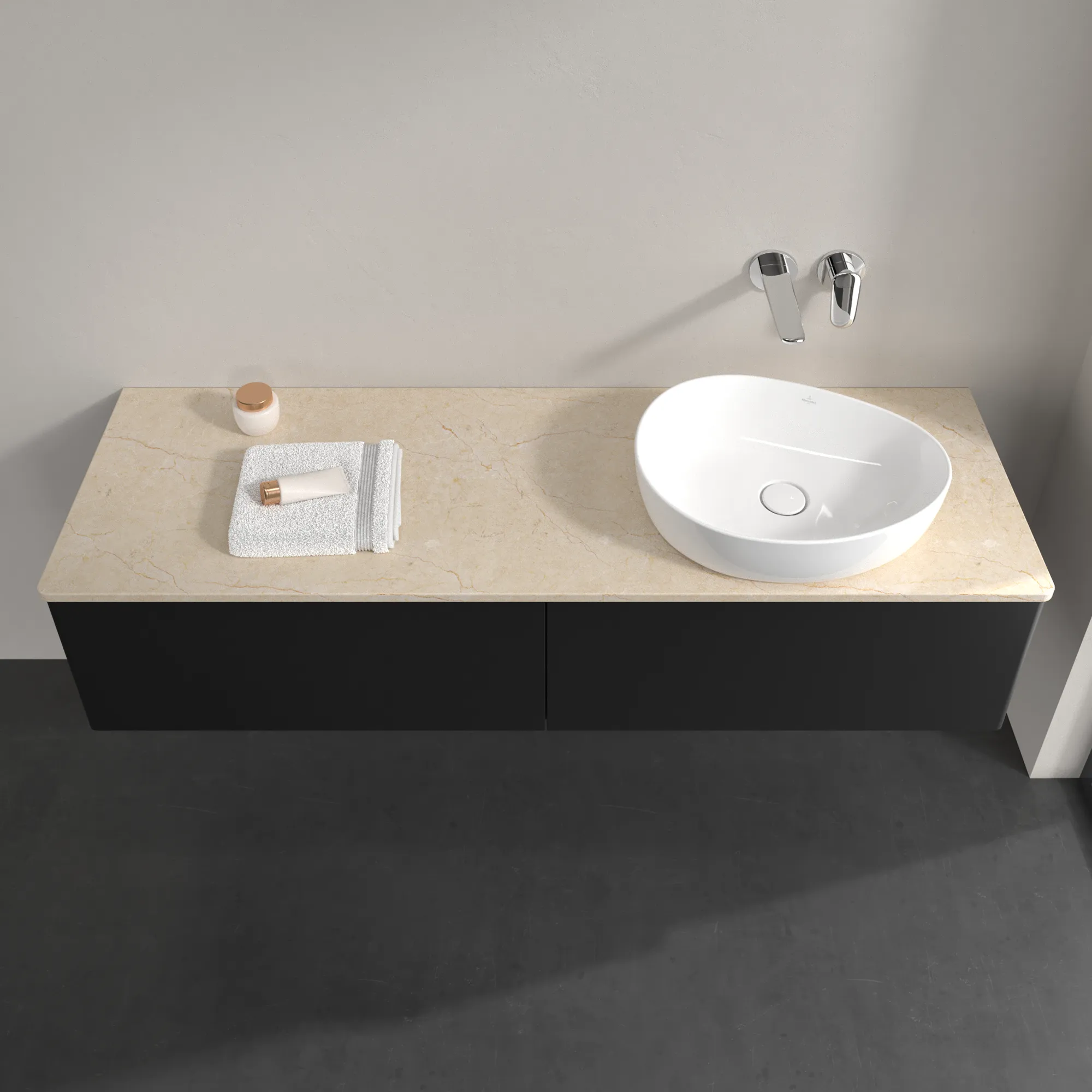 Villeroy & Boch Waschtischunterschrank „Antao“ 1600 × 360 × 500 mm Black Matt Lacquer, für Becken rechts, mit Beleuchtung Villeroy & Boch Waschtischunterschrank „Antao“ 1600 × 360 × 500 mm Black Matt Lacquer, für Becken rechts, mit Beleuchtung
