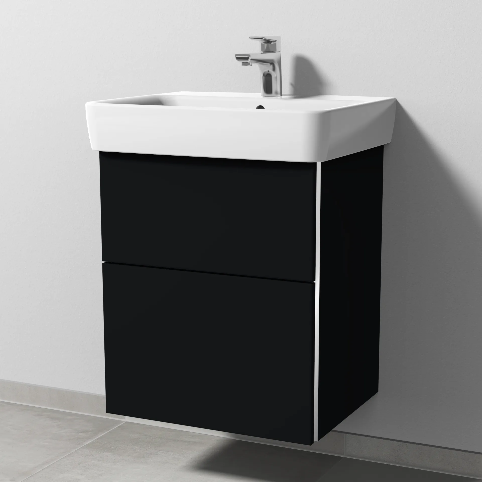 Sanipa Waschtischunterschrank „3way“ passend zu Keramik-Waschtische Renova Plan von Geberit 490 × 588 × 407 mm in Schwarz (matt), Becken mittig