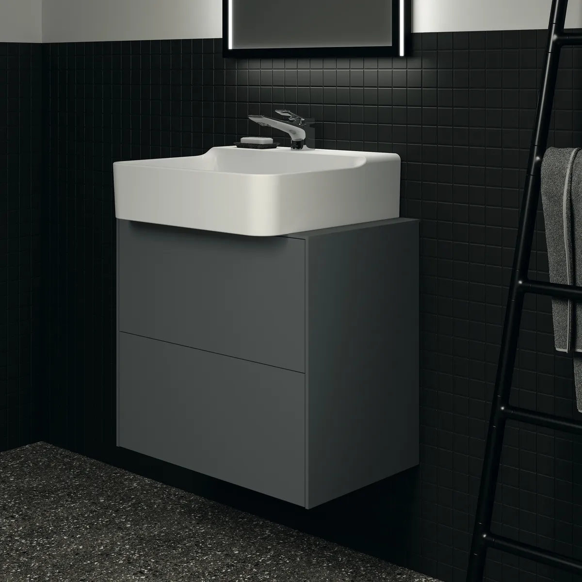 Waschtischplatte Conca, aus Keramik, 602x373x6mm, Marmor Noir Desir