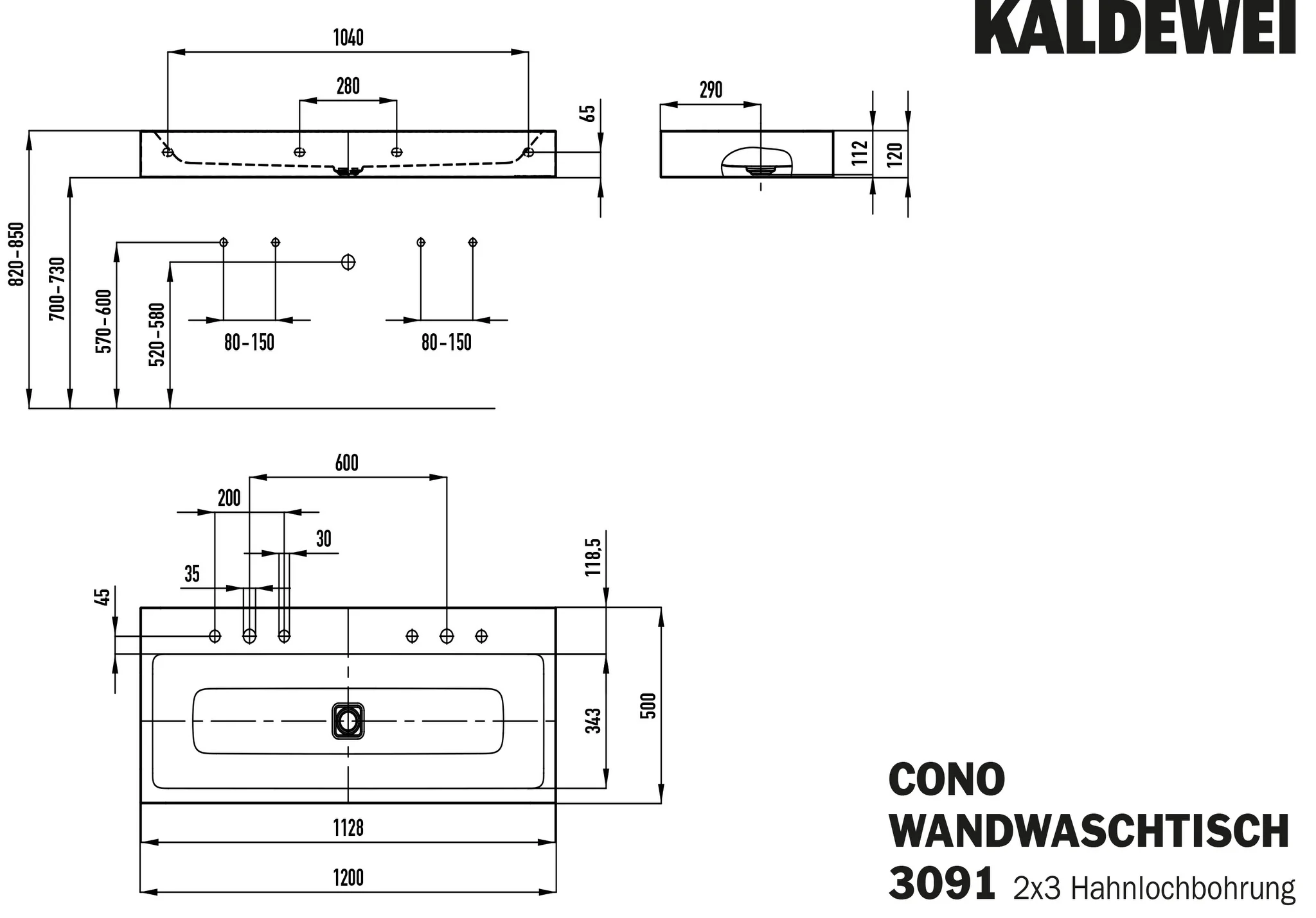 Kaldewei CONO Wand-Doppelwaschtisch, schwarz matt 100, Perl-Effekt, 1200x500 mm, Randhöhe 120 mm