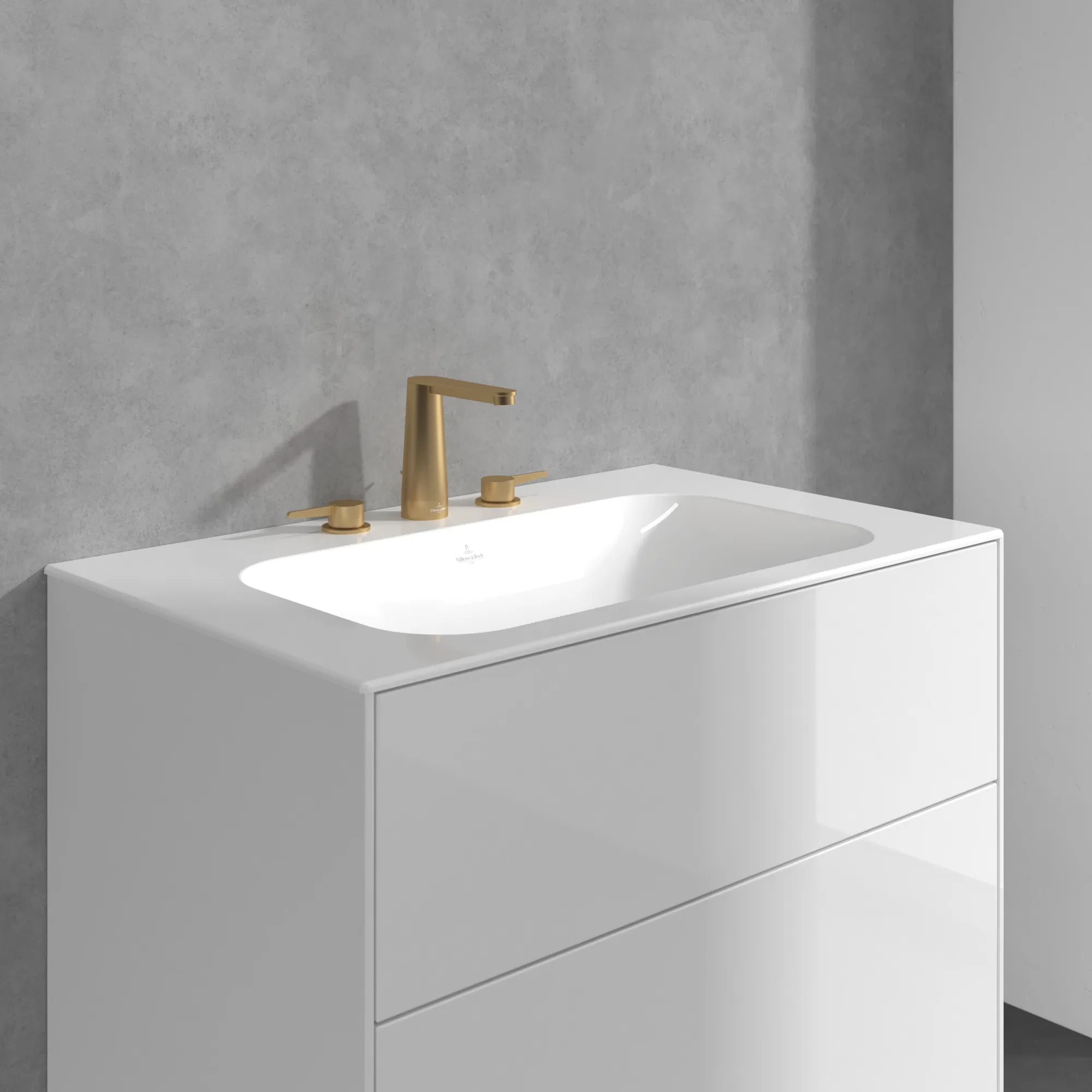 Villeroy & Boch Conum Dreiloch-Waschtischarmatur, Brushed Gold, 440x165x144mm, Keramikkartusche, Laminarstrahl, SmartPressure Villeroy & Boch Conum Dreiloch-Waschtischarmatur, Brushed Gold, 440x165x144mm, Keramikkartusche, Laminarstrahl, SmartPressure