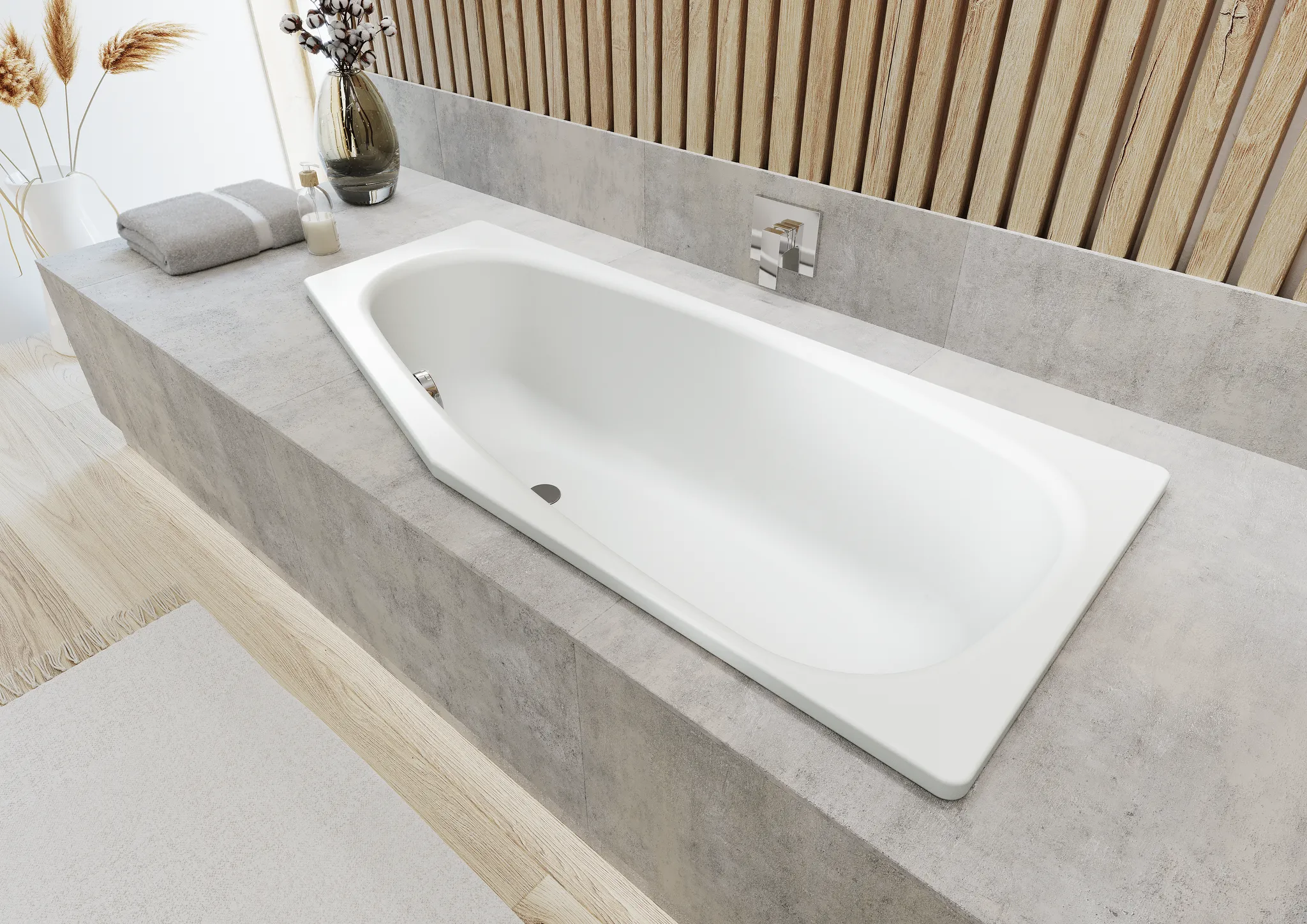 Kaldewei Badewanne „Mini“ Star trapez fünfeck 157 × 75 cm, mit Grifflochbohrungen, links in alpinweiß