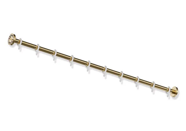 Vorhangstange, Edelstahl, PVD, Länge 1219 mm, kürzbar, Stangendurchmesser 25 mm, mit 10 Vorhangringen aus POM, in Farbe CK (Messing glänzend) Vorhangstange, Edelstahl, PVD, Länge 1219 mm, kürzbar, Stangendurchmesser 25 mm, mit 10 Vorhangringen aus POM, in Farbe CK (Messing glänzend)