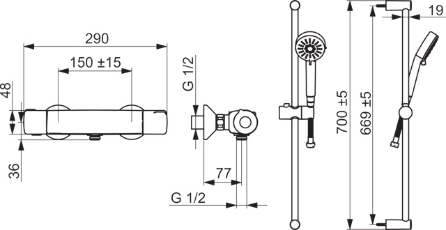 Brausebatterie mit Brausegarnitur BASIC 5515 3-strahlig DN15 Chrom