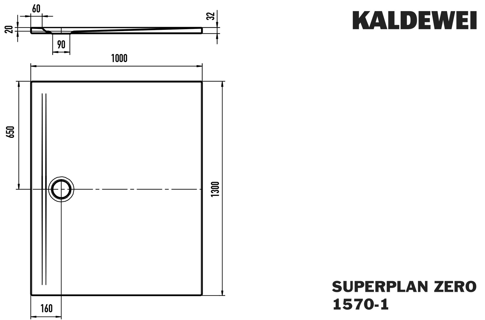 Kaldewei SUPERPLAN ZERO Duschfläche, 1000x1300 mm, warm grey 50, bodeneben, 20 mm tief, seitlicher Ablauf