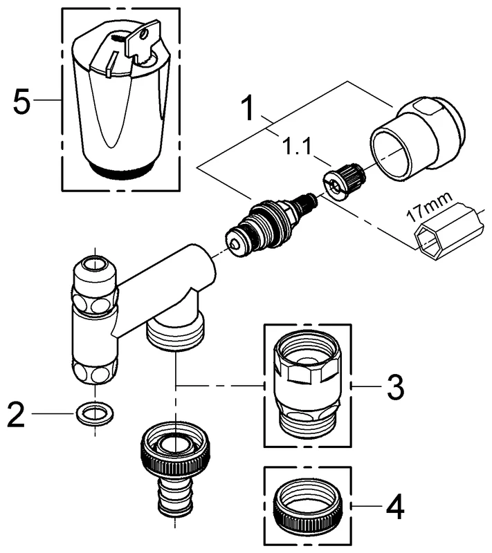 Original WAS Ventil Eckfix 41030, DN 10, Fettkammer-Oberteil 3/8'' für den absperrbaren Schlauchanschluss, eigensicher, chrom