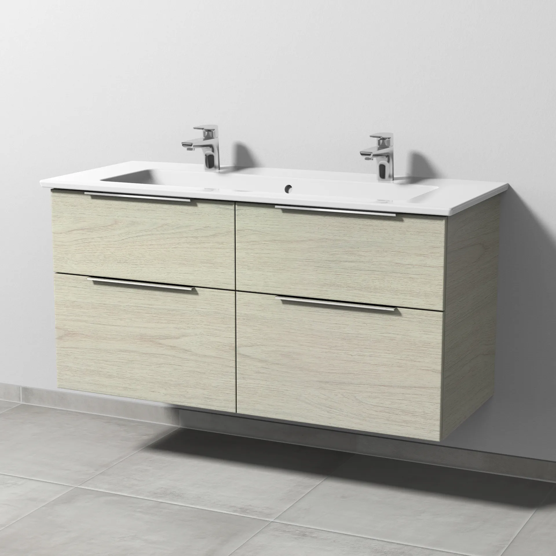 Keramik-Waschtisch-Set mit Waschtischunterschrank „3way“ 115,5 × 47,7 × 59,1 cm in White Oak, mit Hahnlochbohrung, Becken mittig Keramik-Waschtisch-Set mit Waschtischunterschrank „3way“ 115,5 × 47,7 × 59,1 cm in White Oak, mit Hahnlochbohrung, Becken mittig