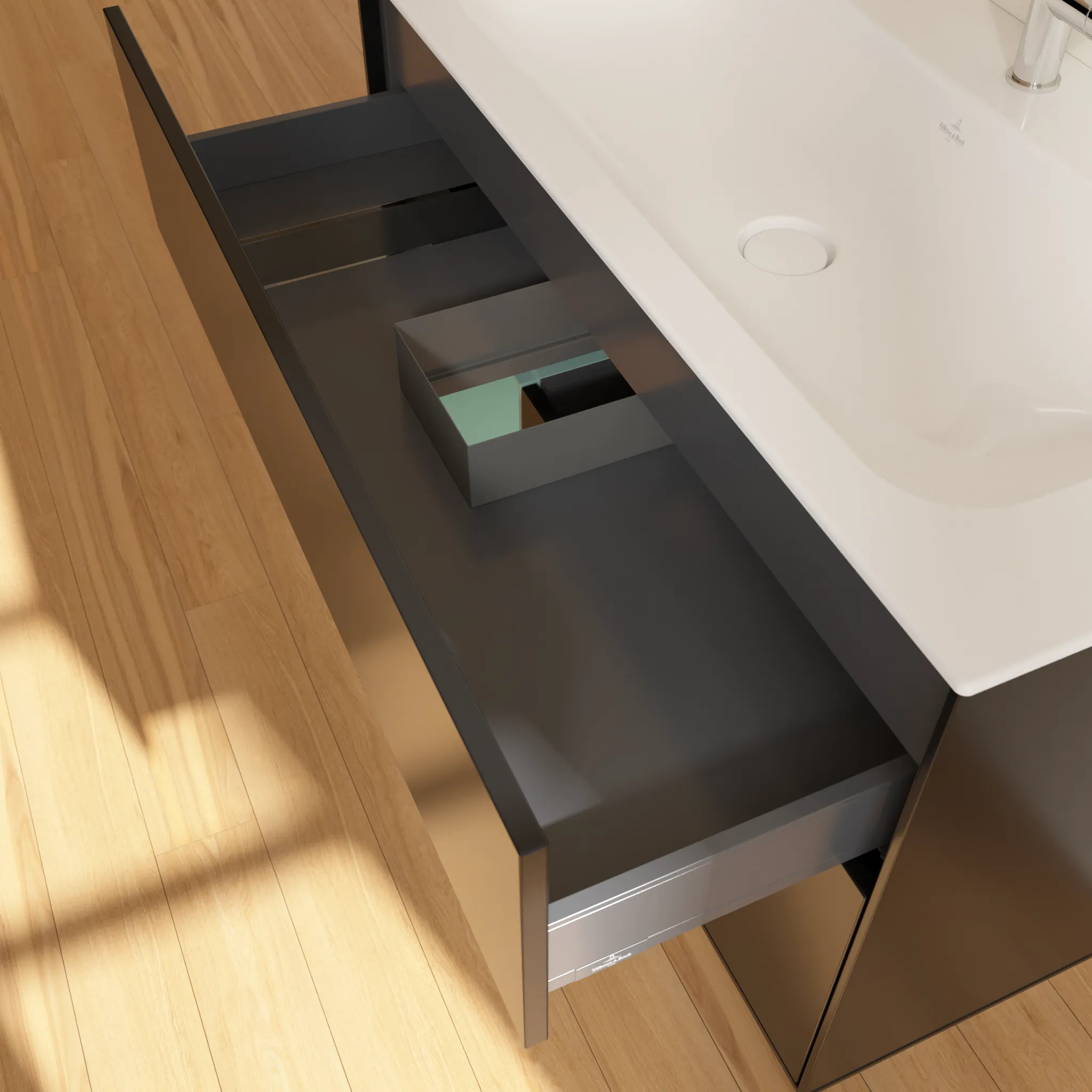 Villeroy & Boch Waschtischunterschrank „Finion“ für Schrankwaschtisch 996 × 591 × 498 mm Black Matt Lacquer, für Becken mittig Villeroy & Boch Waschtischunterschrank „Finion“ für Schrankwaschtisch 996 × 591 × 498 mm Black Matt Lacquer, für Becken mittig