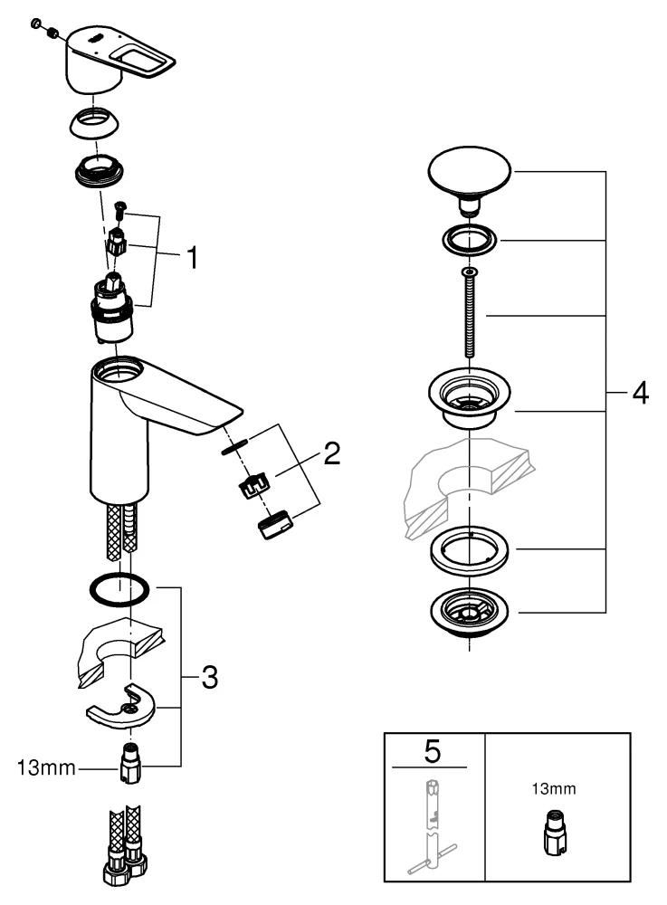 Einhand-Waschtischbatterie BauLoop 23886_1, M-Size, Einlochmontage, mit Temperaturbegrenzer, EcoJoy 5,7 l/min Mousseur, glatter Körper, Push-open Ablaufgarnitur aus Kunststoff 1 1/4″, chrom