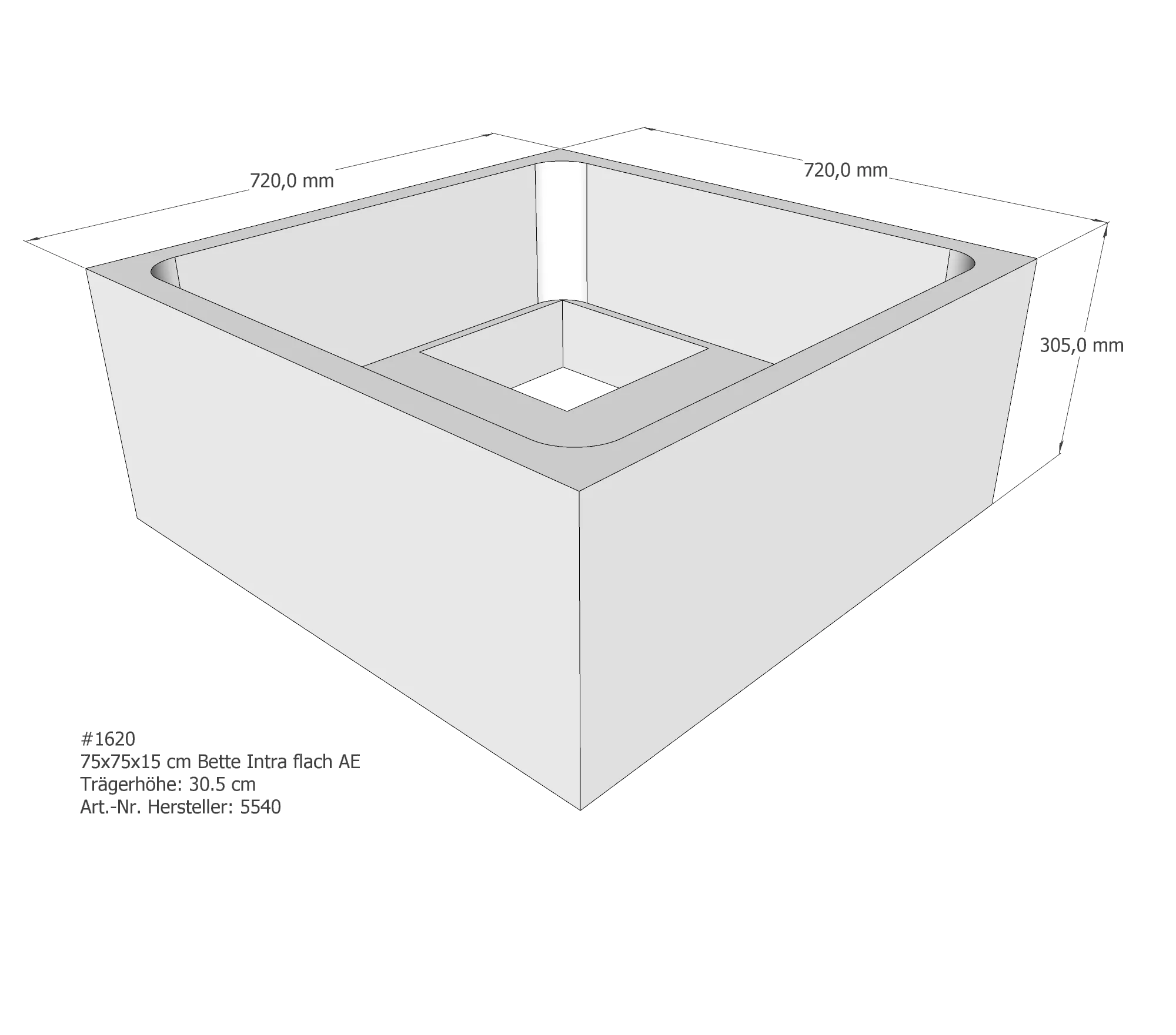 Duschwannenträger für Bette Quinta (flach/Intra) 75 × 75 × 15 cm Breite: 75 cm / Länge: 75 cm