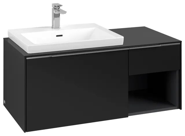 Villeroy & Boch Waschtischunterschrank mit Regalelement „Subway 3.0“ für Schrankwaschtisch 1001 × 423 × 516 mm Volcano Black, für Becken links Villeroy & Boch Waschtischunterschrank mit Regalelement „Subway 3.0“ für Schrankwaschtisch 1001 × 423 × 516 mm Volcano Black, für Becken links