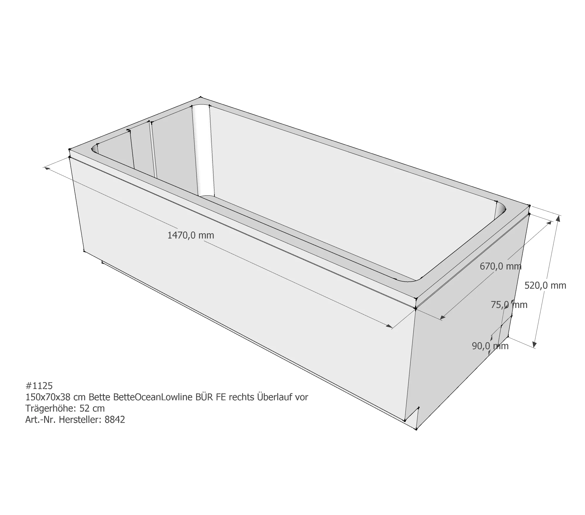 Badewannenträger für Bette Ocean Lowline 150 × 70 × 38 cm Ab- und Überlaufposition: vorn Badewannenträger für Bette Ocean Lowline 150 × 70 × 38 cm Ab- und Überlaufposition: vorn