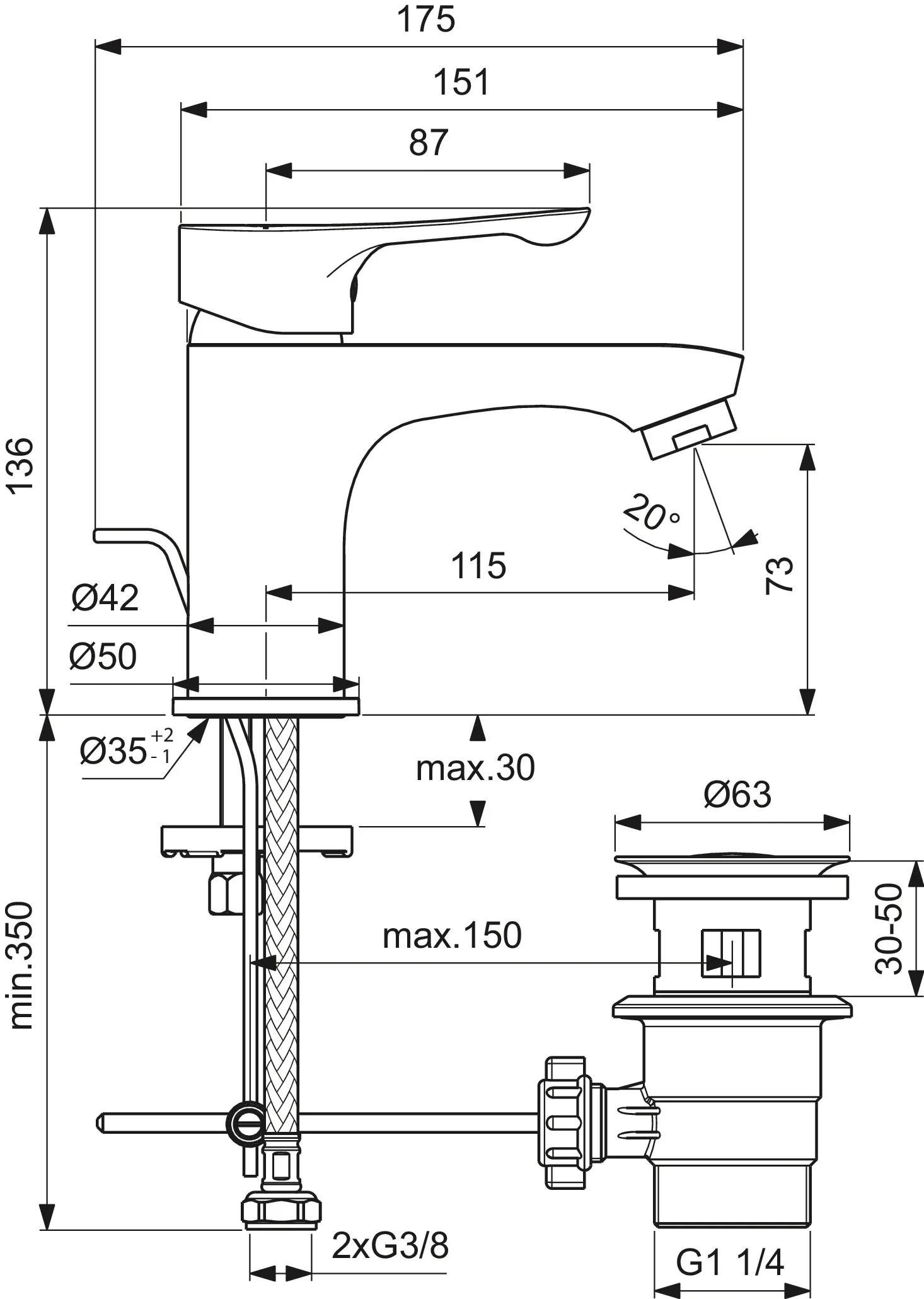 Waschtischarmatur Alpha, mit Ablaufgarnitur aus Kunststoff, Ausladung 115mm, Chrom Waschtischarmatur Alpha, mit Ablaufgarnitur aus Kunststoff, Ausladung 115mm, Chrom