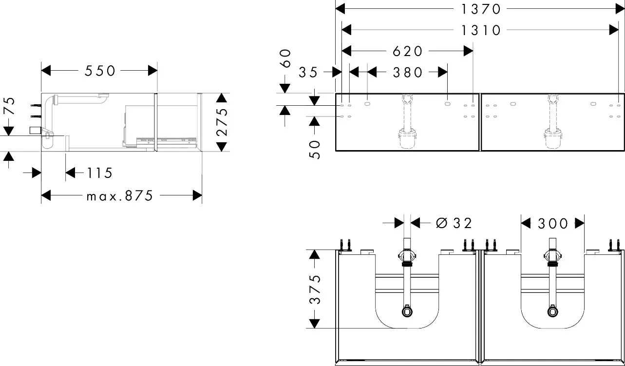 Xevolos E Waschtischunterschrank Mattweiß 1370/550 mit 2 Schubkästen für Konsole mit 2 Ausschnitten, Oberfläche Front: Weiß Metallic