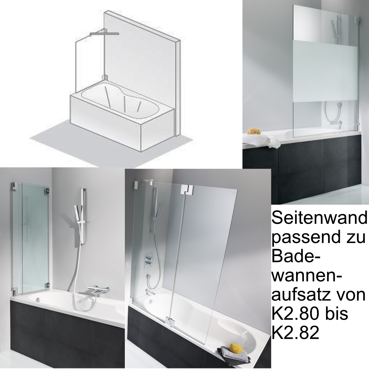 HSK Badewannenaufsatz passend zu Badewannenaufsätze von K2.80 bis K2.82 „K2“ Glas Mattierung mittig (65 cm)