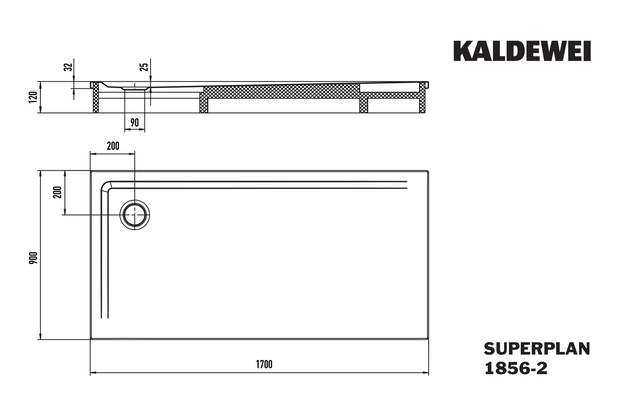 Kaldewei SUPERPLAN Duschfläche mit Wannenträger, 900x1700 mm, warm grey 70, Perl-Effekt, 32 mm Randhöhe