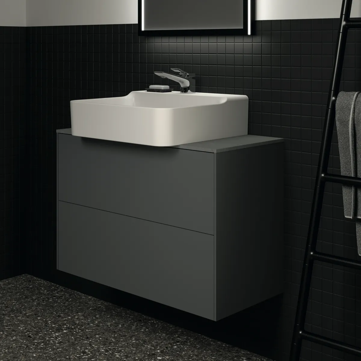 Waschtischplatte Conca, aus Keramik, 802x373x6mm, Marmor Noir Desir