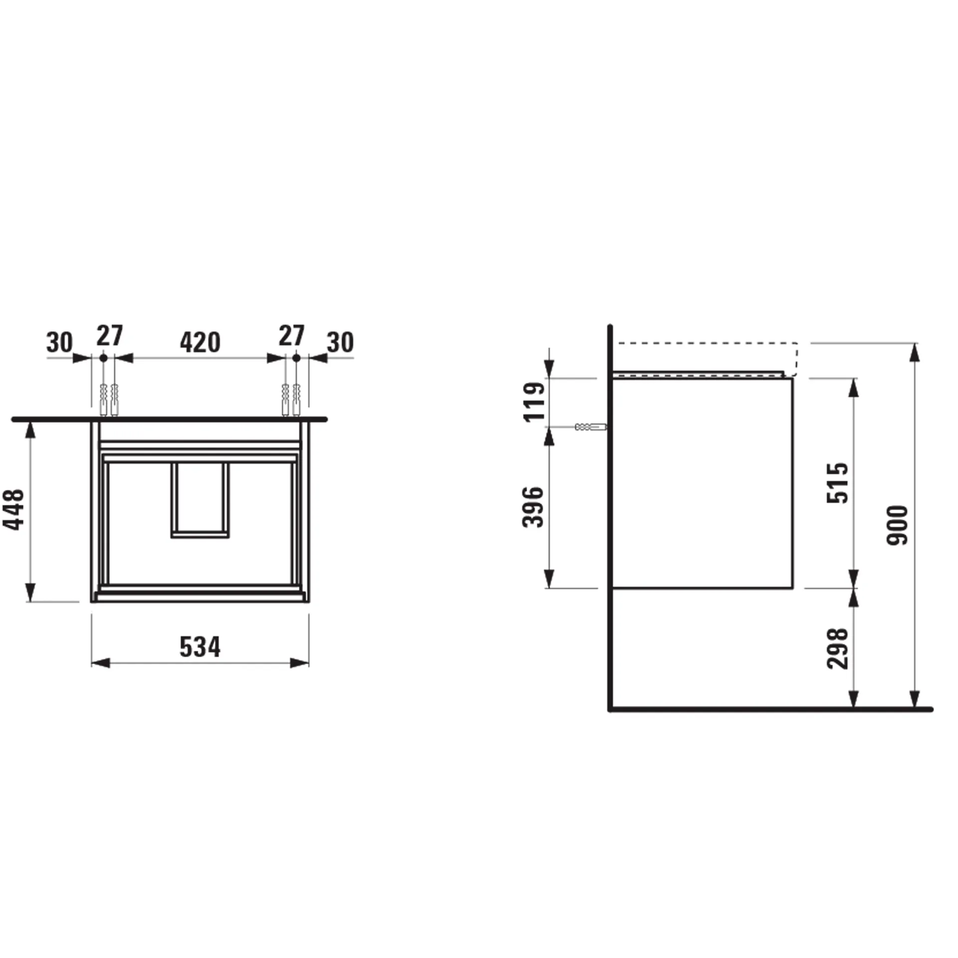 Waschtischunterbau, MEDA, 448x534x515, mit 2 Schubladen, 1 Ordnungssystem, integrierte Griffleiste, Vollauszug und Soft-Close, für Waschtisch MEDA H810112 (55 cm), weiß matt Waschtischunterbau, MEDA, 448x534x515, mit 2 Schubladen, 1 Ordnungssystem, integrierte Griffleiste, Vollauszug und Soft-Close, für Waschtisch MEDA H810112 (55 cm), weiß matt