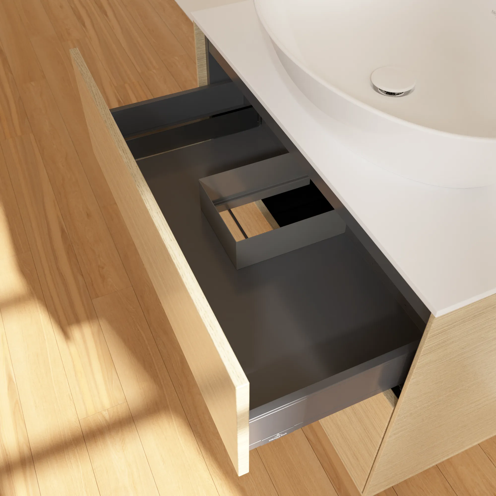 Villeroy & Boch Finion Waschbeckenunterschrank F99, 800 x 603 x 501 mm, Oak Veneer / Glass White Matt