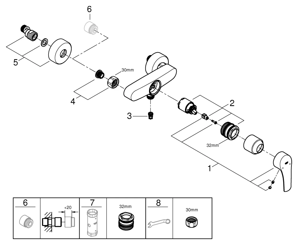 Einhand-Brausebatterie Eurosmart 33555_3, Wandmontage, Temperaturbegrenzer, S-Anschlüsse, eigensicher, chrom