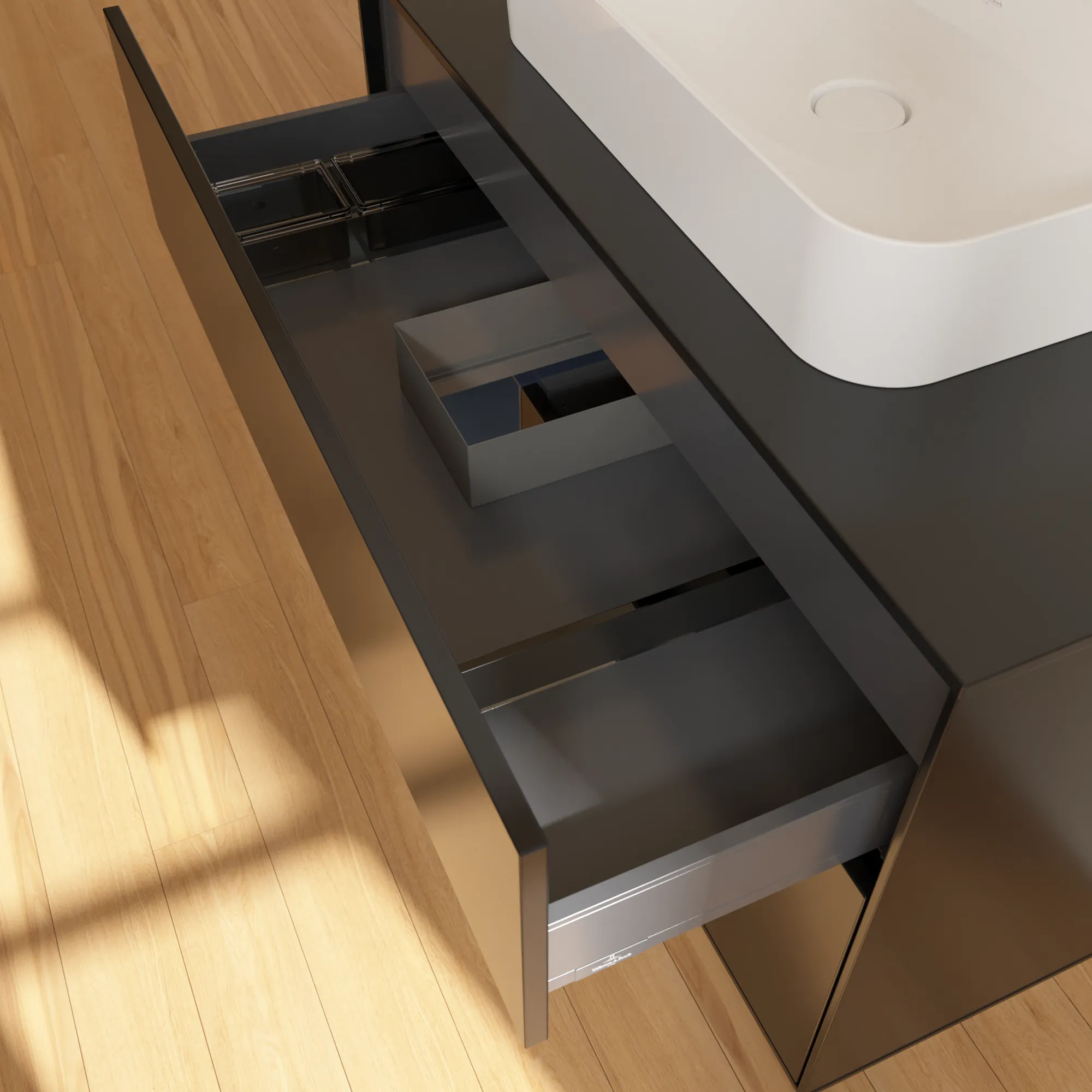 Villeroy & Boch Waschbeckenunterschrank Finion F36, 1000x603x501 mm, Black Matt Lacquer mit Midnight Blue Regal, Beleuchtung dimmbar, SoftClosing, Push-to-Open Villeroy & Boch Waschbeckenunterschrank Finion F36, 1000x603x501 mm, Black Matt Lacquer mit Midnight Blue Regal, Beleuchtung dimmbar, SoftClosing, Push-to-Open