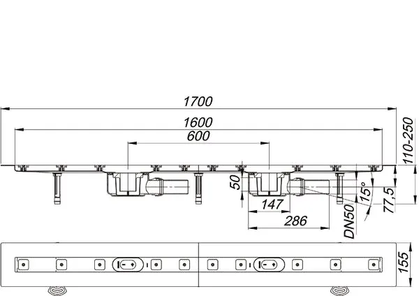 Duschrinne CeraLine F Duo 1600 mm, DN 50 Duschrinne CeraLine F Duo 1600 mm, DN 50