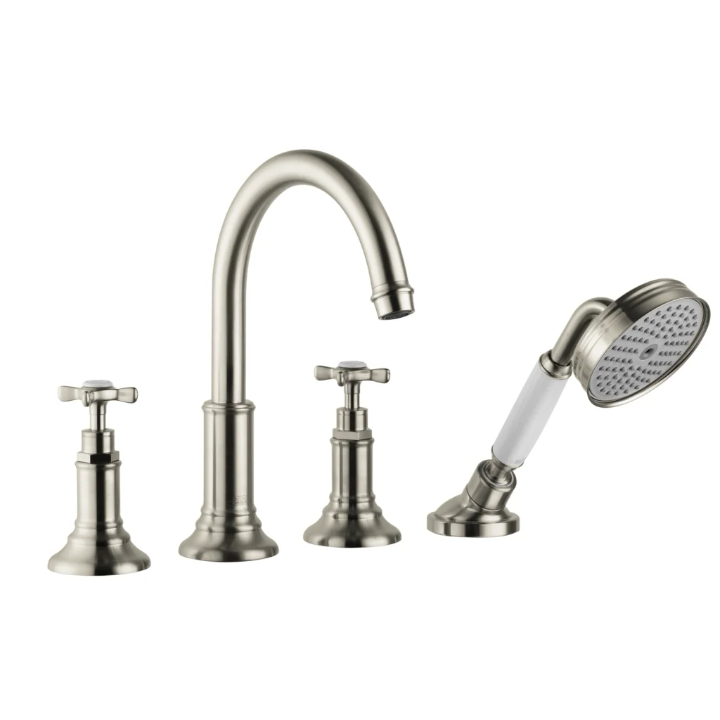 Hansgrohe AXOR Montreux 4-Loch Fliesenrandarmatur Brushed Nickel, Ausladung 196 mm, RainAir Handbrause, max. Durchfluss 21 l/min Hansgrohe AXOR Montreux 4-Loch Fliesenrandarmatur Brushed Nickel, Ausladung 196 mm, RainAir Handbrause, max. Durchfluss 21 l/min