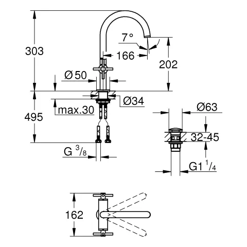 Waschtisch-Einlochbatterie Atrio 21144, L-Size, mit Kreuzgriffen, Push-open Ablaufgarnitur 1 1/4'', chrom Waschtisch-Einlochbatterie Atrio 21144, L-Size, mit Kreuzgriffen, Push-open Ablaufgarnitur 1 1/4'', chrom