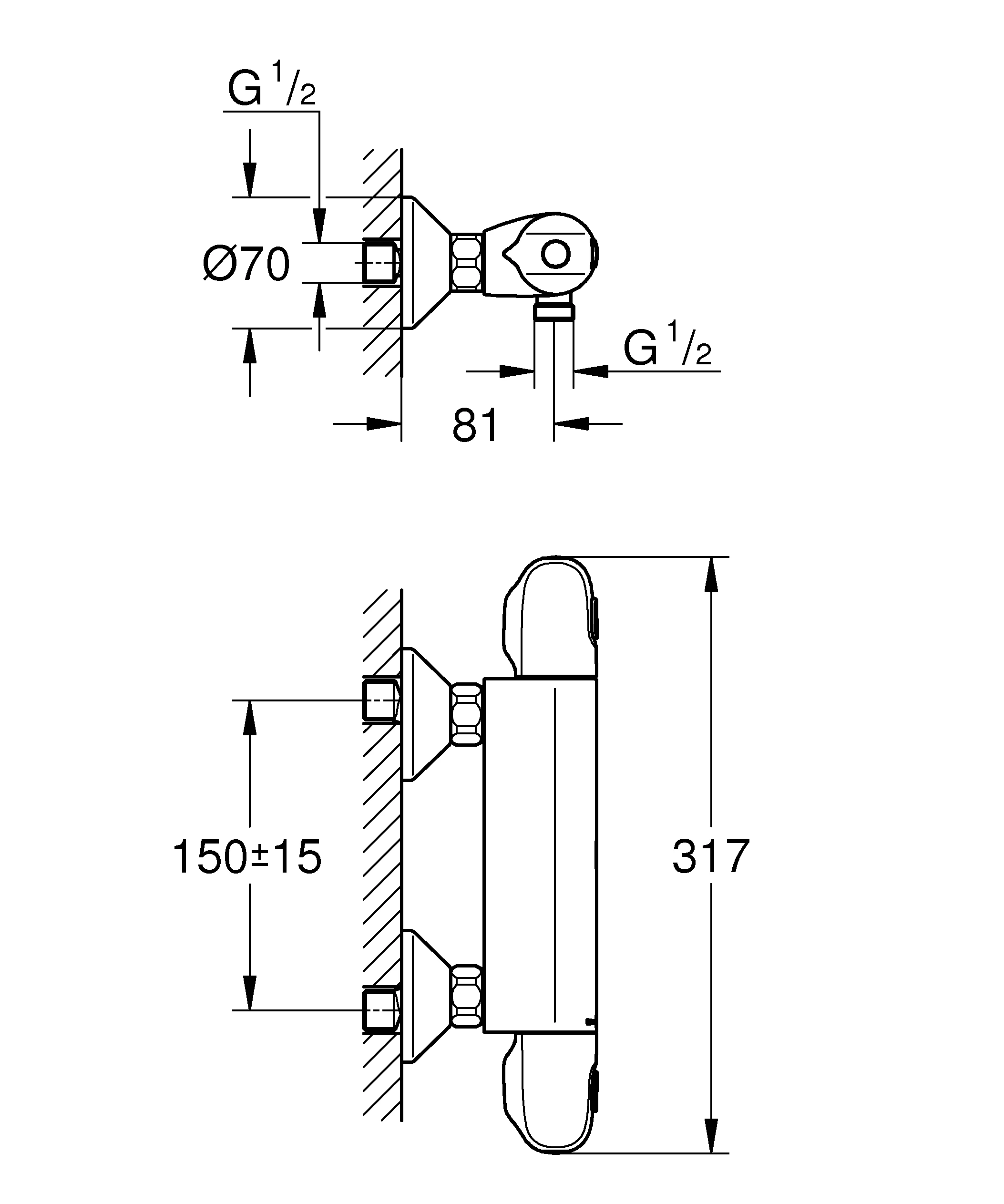 Thermostat-Brausebatterie Grohtherm 1000 34550, Wandmontage, eigensicher, chrom