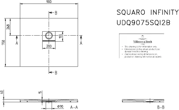 Villeroy & Boch rechteck Duschwanne „Squaro Infinity“ lange Seite geschnitten an der Wand 90 × 75 cm