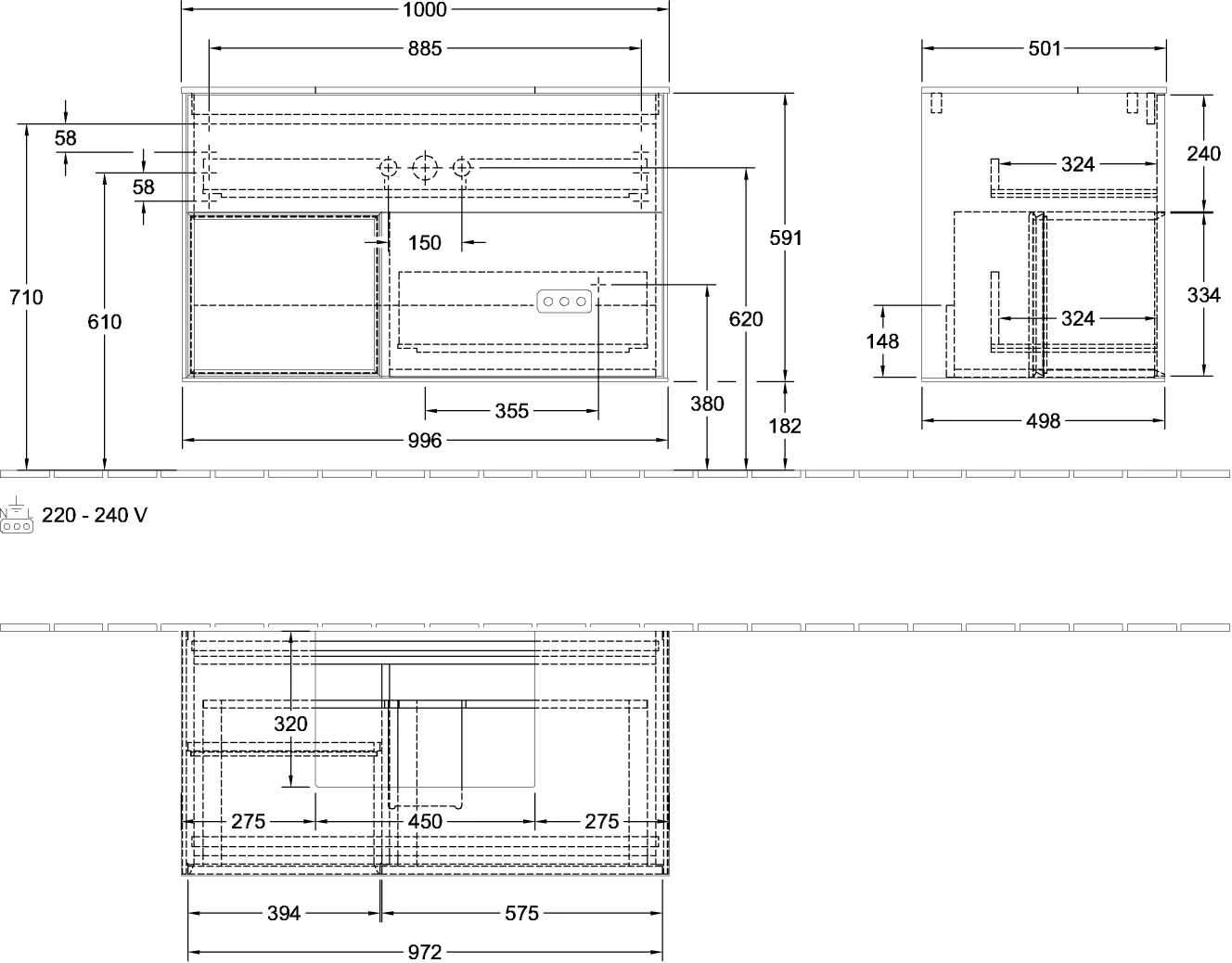 Villeroy & Boch Waschbeckenunterschrank Finion F11, 1000 x 603 x 501 mm, Black Matt / Silk Grey Matt / Glass White Matt