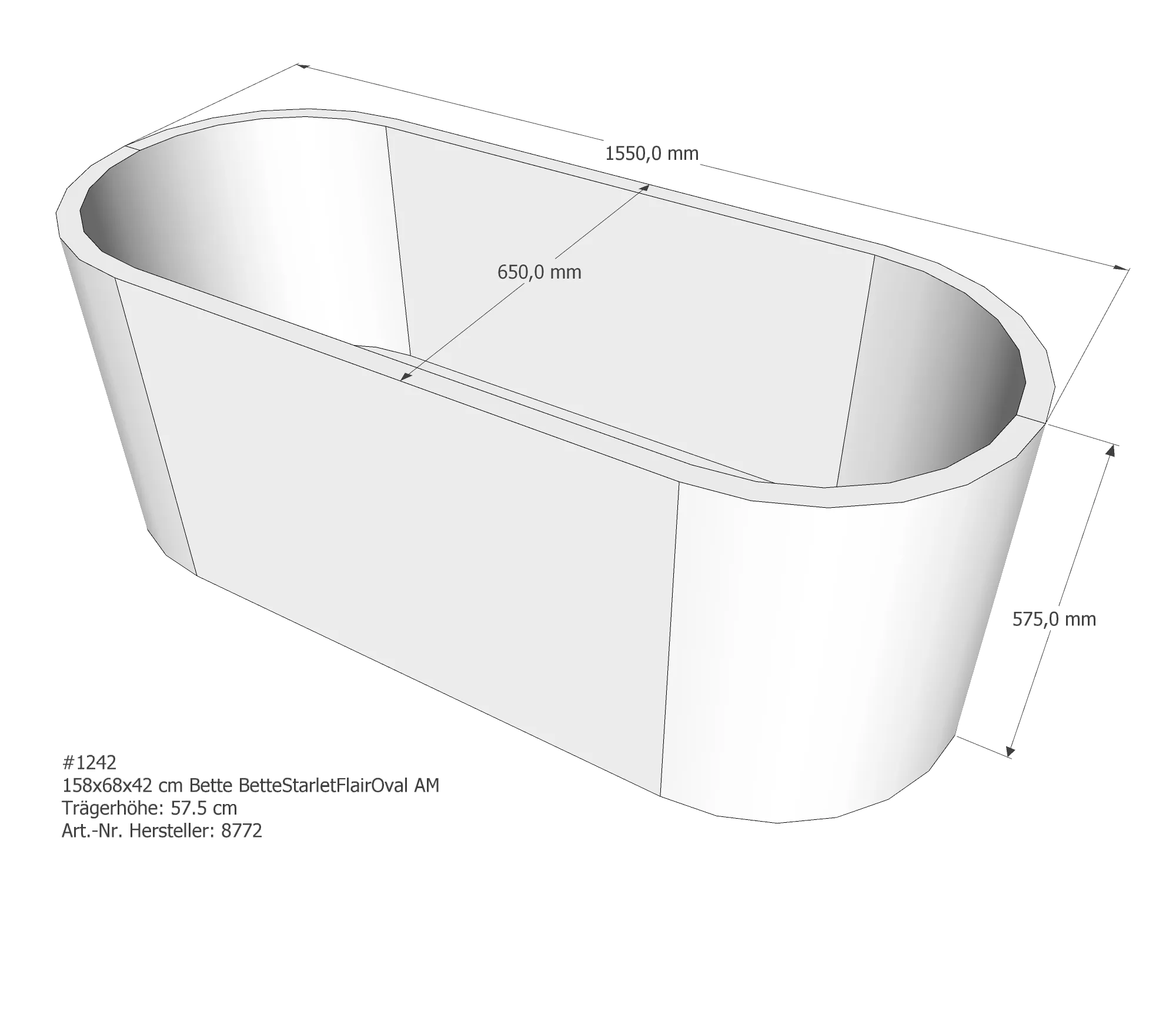 Badewannenträger für Bette StarletFlairOval 158 × 68 × 42 cm Breite: 68 cm / Länge: 158 cm