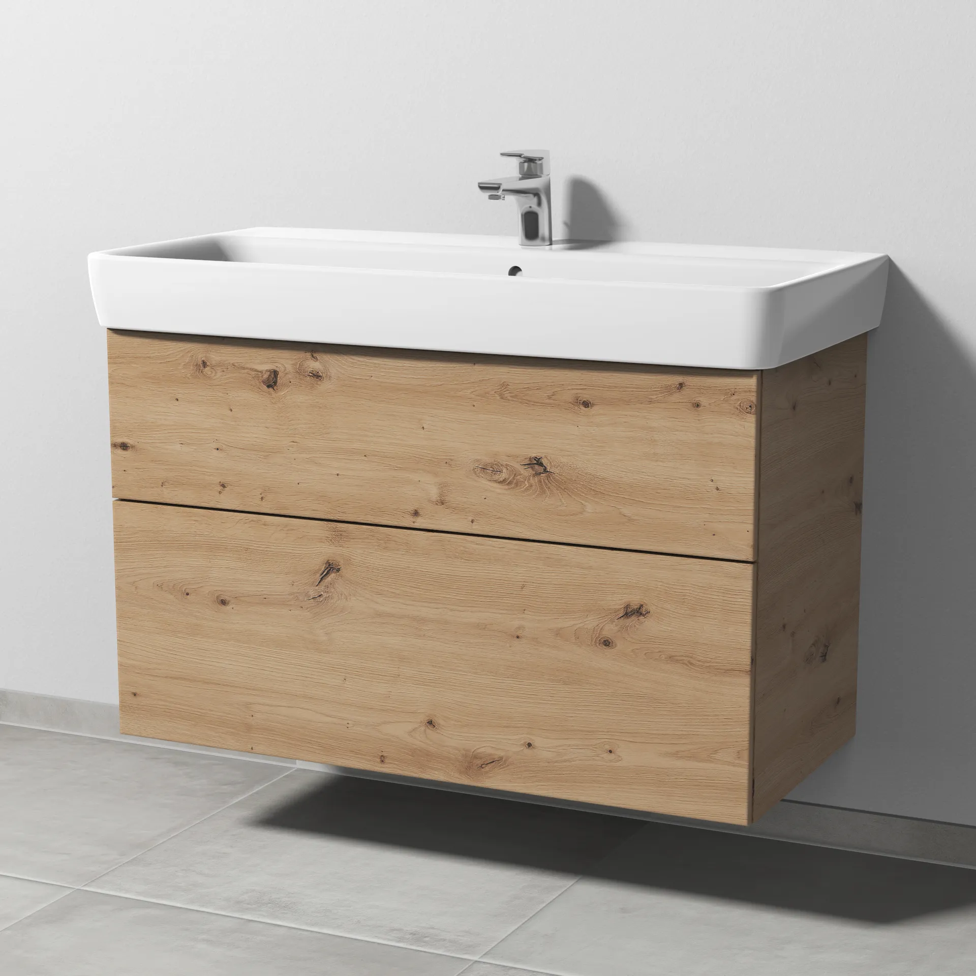 Sanipa Waschtischunterschrank „3way“ passend zu Keramik-Waschtische Renova Plan von Geberit 940 × 588 × 447 mm in Eiche Natural-Touch, Becken mittig