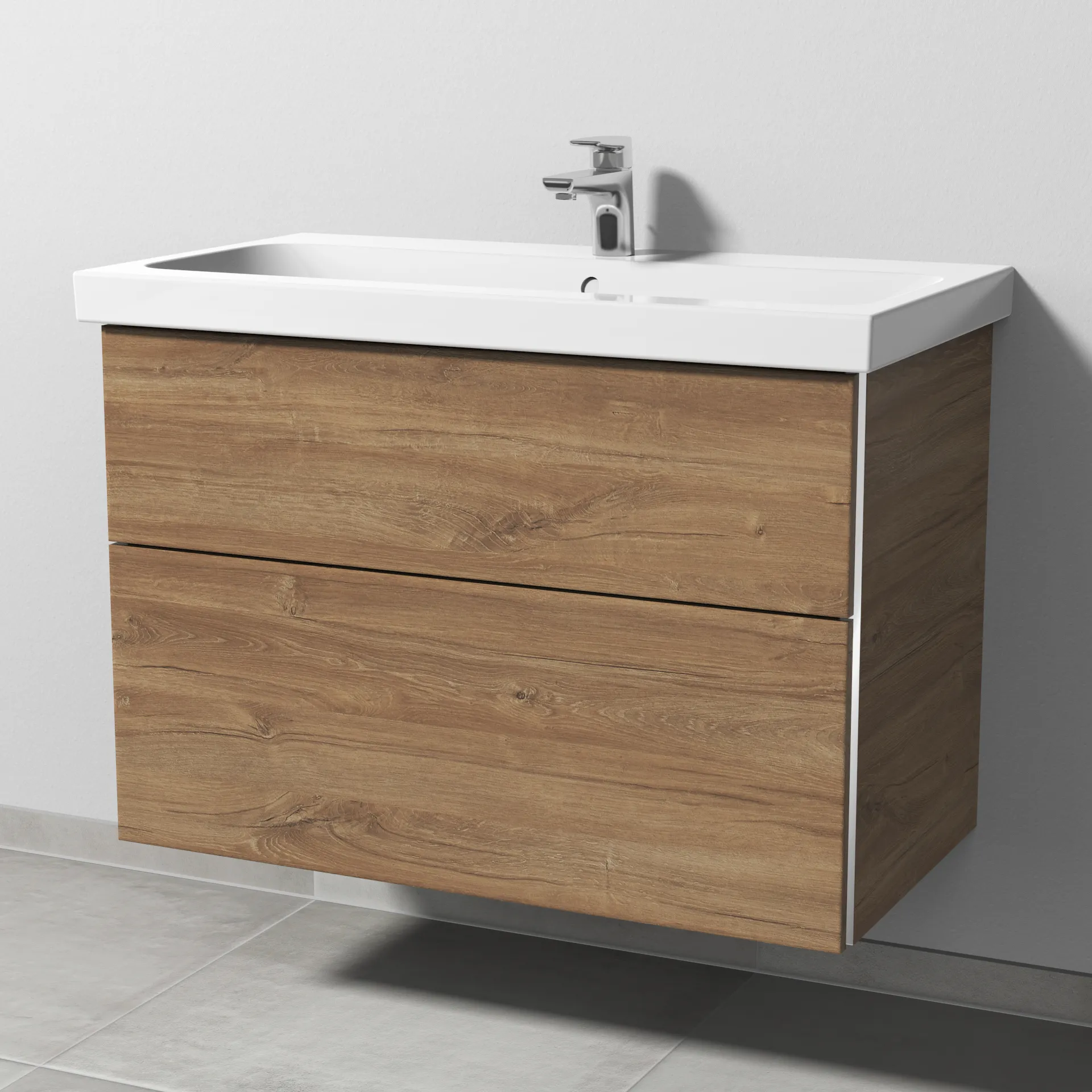 Sanipa Waschtischunterschrank „3way“ 850 × 591 × 462 mm in Eiche Kansas, Becken mittig, mit Hahnlochbohrung Sanipa Waschtischunterschrank „3way“ 850 × 591 × 462 mm in Eiche Kansas, Becken mittig, mit Hahnlochbohrung