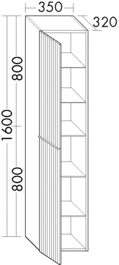 Hochschrank, 1 Tür oben mit vertikaler Struktur inkl. Tip-On-Technik;1 Tür unten mit vertikaler Struktur;4 Glaseinlegeböden;1 fester Boden, Tiefe: 320 mm, Breite: 350 mm, Höhe: 1600 mm