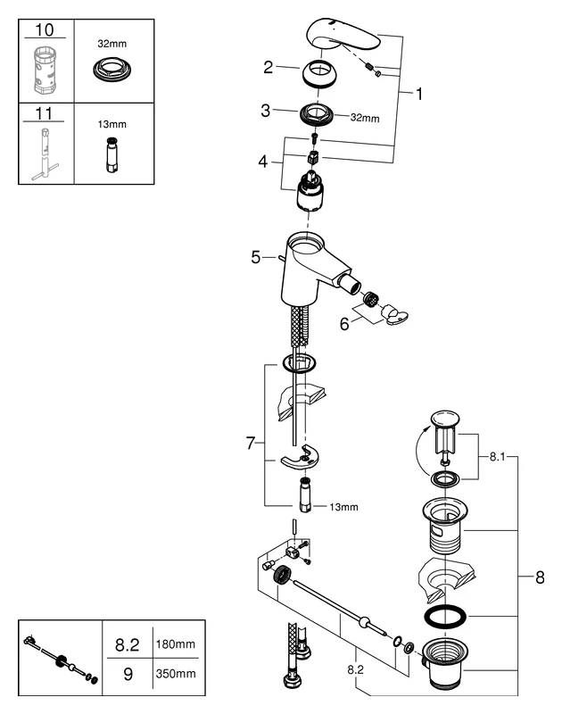 Einhand-Bidetbatterie Eurostyle 23720_3, Einlochmontage, Zugstangen-Ablaufgarnitur 1 1/4'', geschlossener Metall-Hebelgriff, chrom