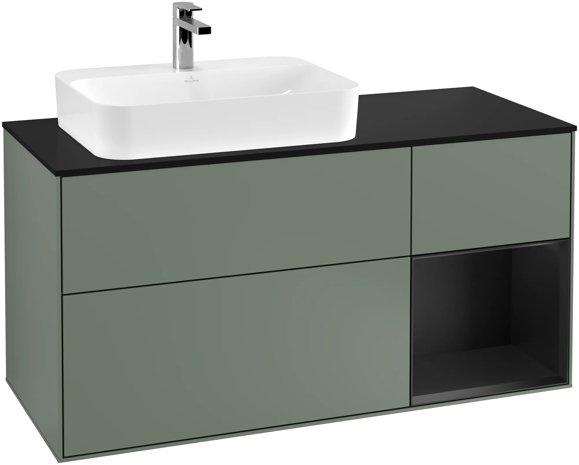 Villeroy & Boch Finion Waschbeckenunterschrank G40, 1200x603x501mm, Olive Matt Lacquer / Black Matt Lacquer / Glass Black Matt