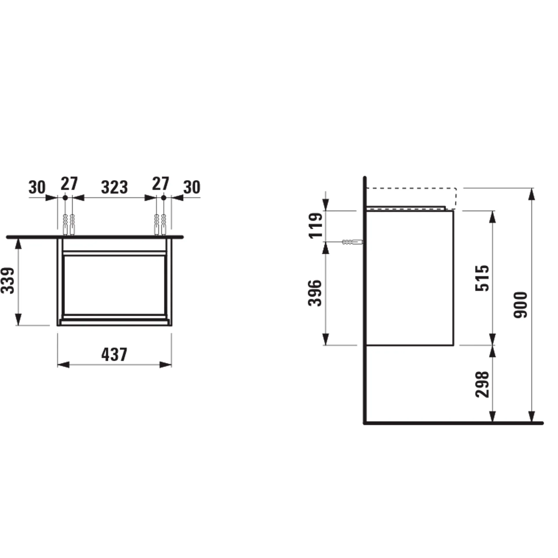 Waschtischunterbau, MEDA, 339x437x515, 1 Tür Scharnier rechts, integrierte Griffleiste, Soft-Close, 1 Glasablage (fix), für Handwaschbecken MEDA H815111 (45 cm), weiß matt Waschtischunterbau, MEDA, 339x437x515, 1 Tür Scharnier rechts, integrierte Griffleiste, Soft-Close, 1 Glasablage (fix), für Handwaschbecken MEDA H815111 (45 cm), weiß matt