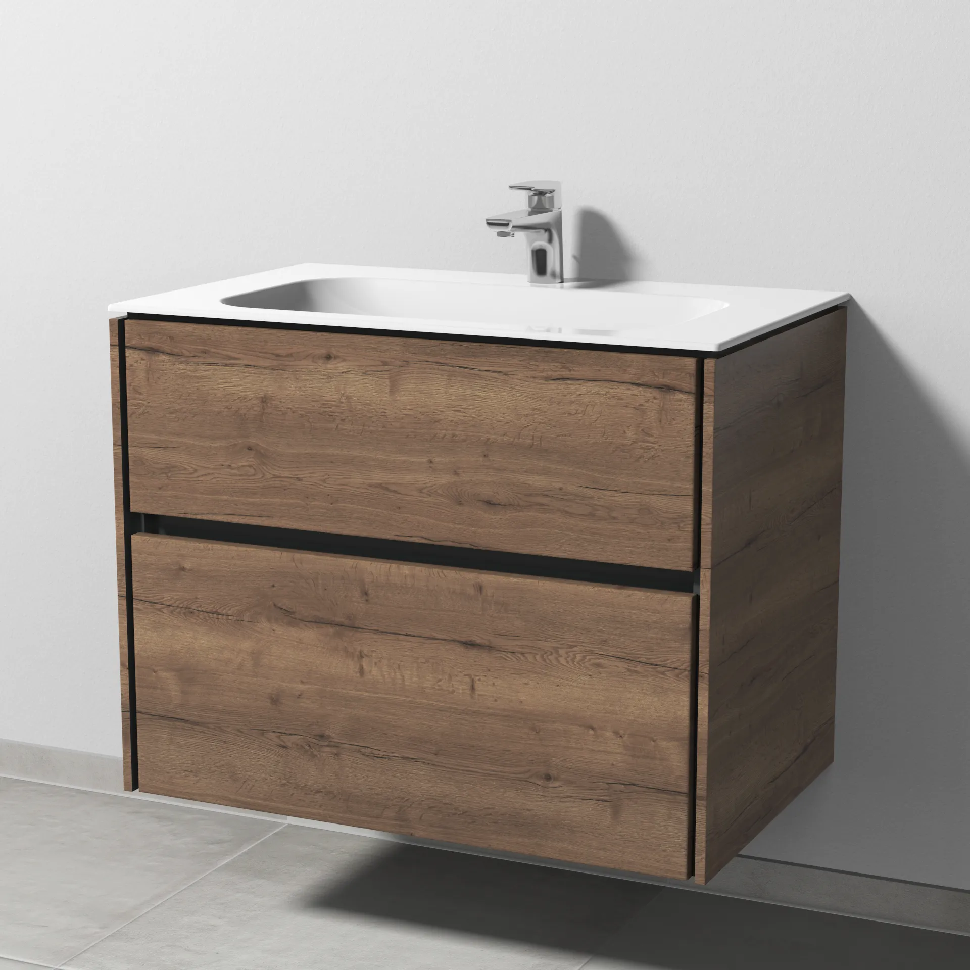 Keramik-Waschtisch-Set mit Waschtischunterschrank „Twiga“ 79 × 50 × 61 cm in Eiche Tabak, mit Hahnlochbohrung, ohne Beleuchtung Keramik-Waschtisch-Set mit Waschtischunterschrank „Twiga“ 79 × 50 × 61 cm in Eiche Tabak, mit Hahnlochbohrung, ohne Beleuchtung