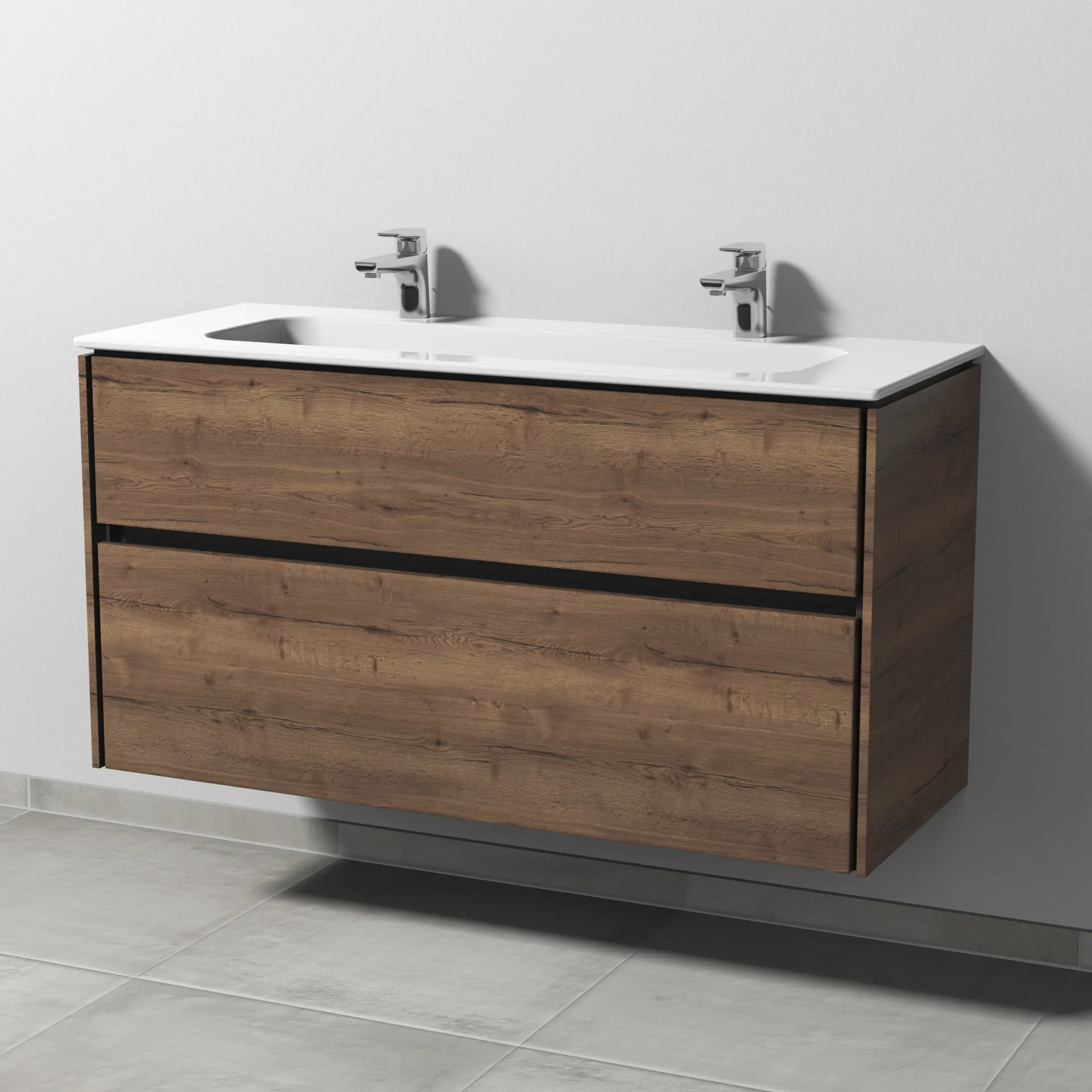 Keramik-Waschtisch-Set mit Waschtischunterschrank „Twiga“ 119 × 46 × 61 cm in Eiche Tabak, ohne Beleuchtung, mit Hahnlochbohrung Keramik-Waschtisch-Set mit Waschtischunterschrank „Twiga“ 119 × 46 × 61 cm in Eiche Tabak, ohne Beleuchtung, mit Hahnlochbohrung