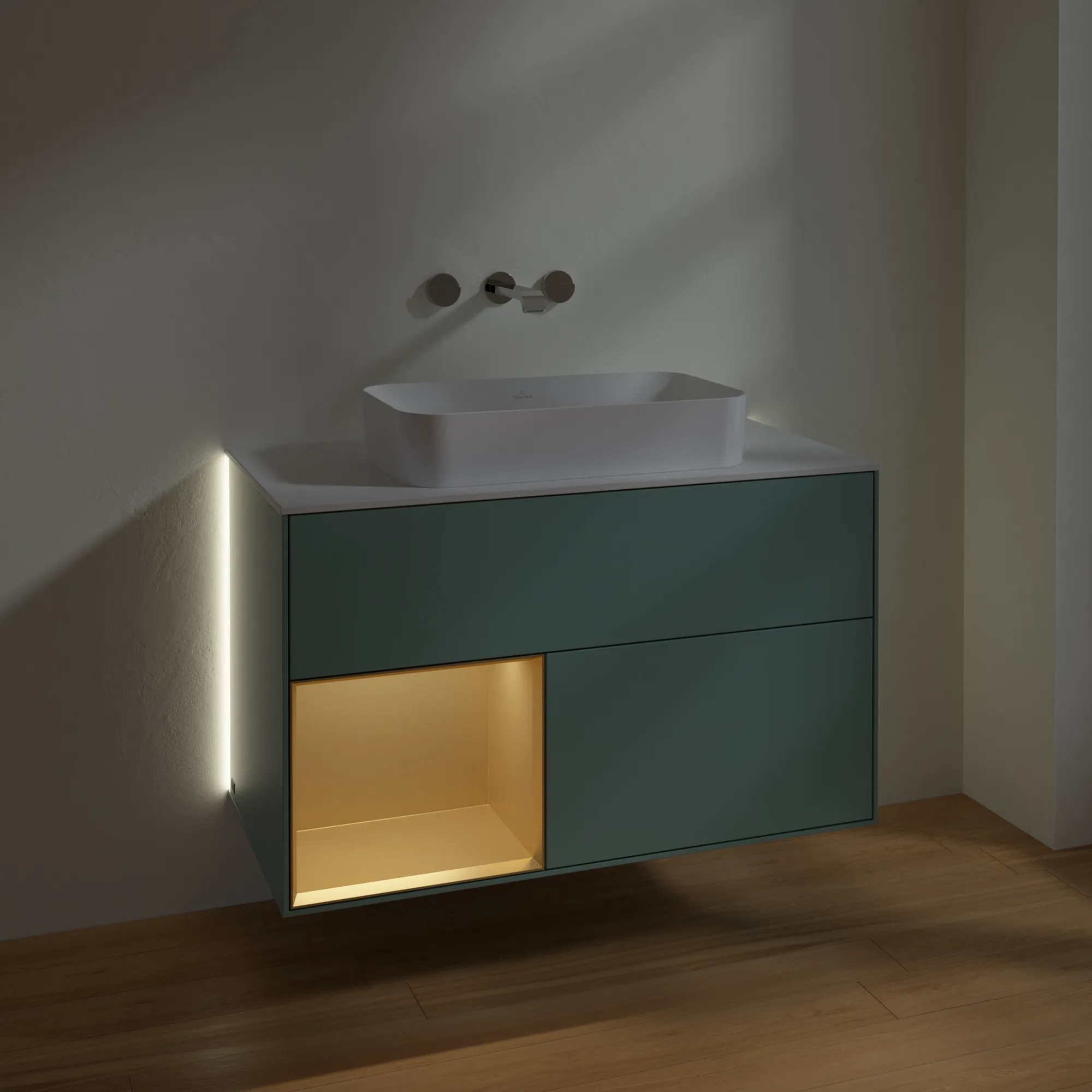 Villeroy & Boch Waschtischunterschrank „Finion“ für Schrankwaschtisch 1000 × 603 × 501 mm Olive Matt Lacquer, ohne Hahnlochbohrung, für Becken mittig Villeroy & Boch Waschtischunterschrank „Finion“ für Schrankwaschtisch 1000 × 603 × 501 mm Olive Matt Lacquer, ohne Hahnlochbohrung, für Becken mittig