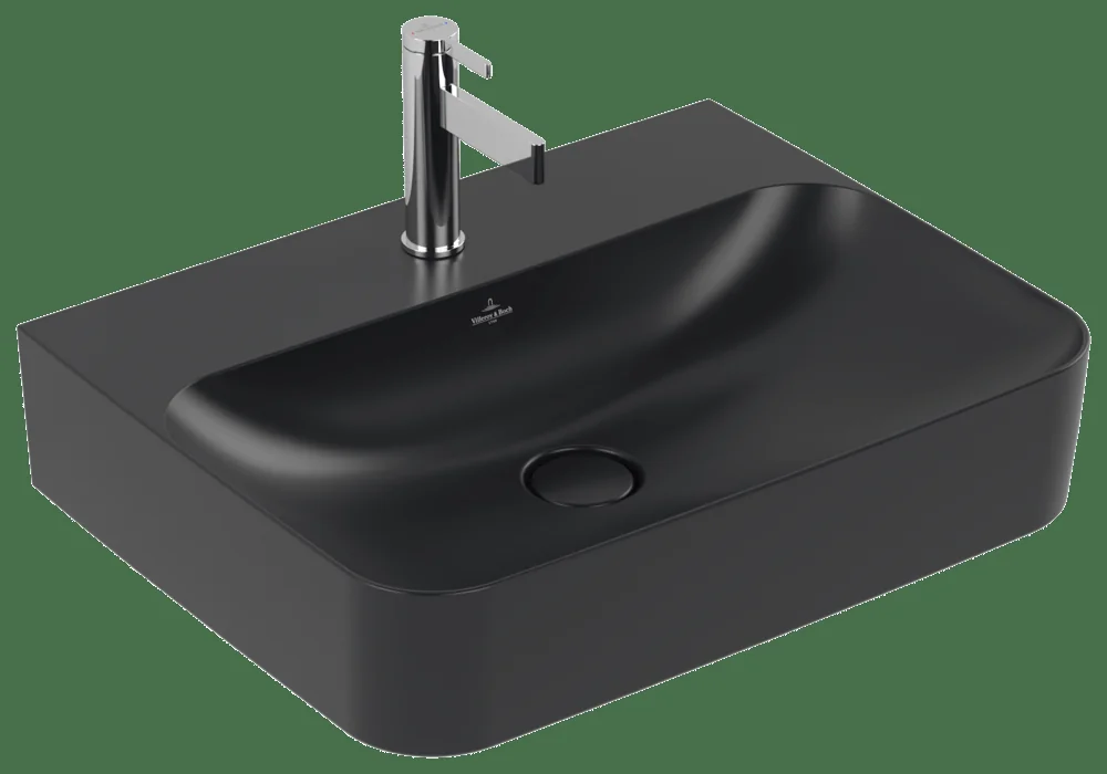Villeroy & Boch Finion Waschbecken TitanCeram 600x470mm Rechteck 1HL. mittleres Hahnloch durchgestochen Pure Black CeramicPlus Villeroy & Boch Finion Waschbecken TitanCeram 600x470mm Rechteck 1HL. mittleres Hahnloch durchgestochen Pure Black CeramicPlus
