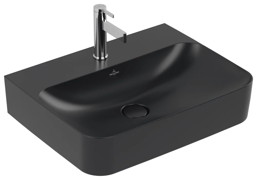 Villeroy & Boch Finion Waschbecken TitanCeram 600x470mm Rechteck 1HL. mittleres Hahnloch durchgestochen Pure Black CeramicPlus
